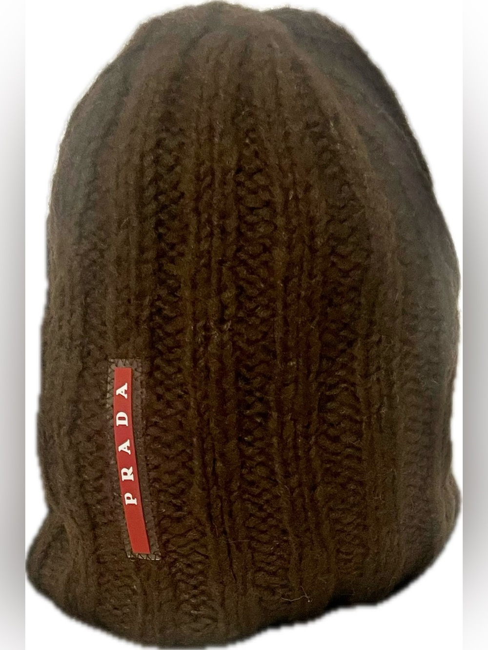 PRADA Brown Cable Knit Beanie with Red Logo Tag